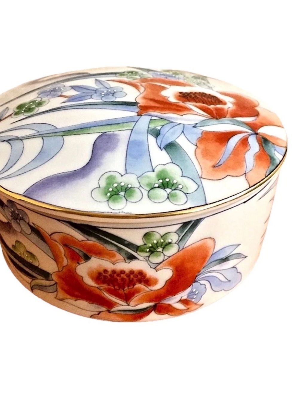 Takahashi Hand-Painted Floral Porcelain Trinket Box in Orange and Green